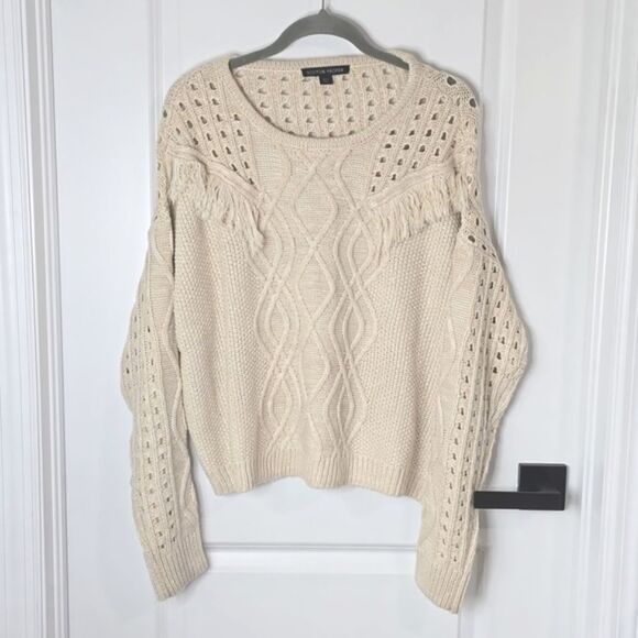 Boston Proper Oatmeal Cream Cable Knit Fringe Sweater - Size Large - Picture 1 of 13